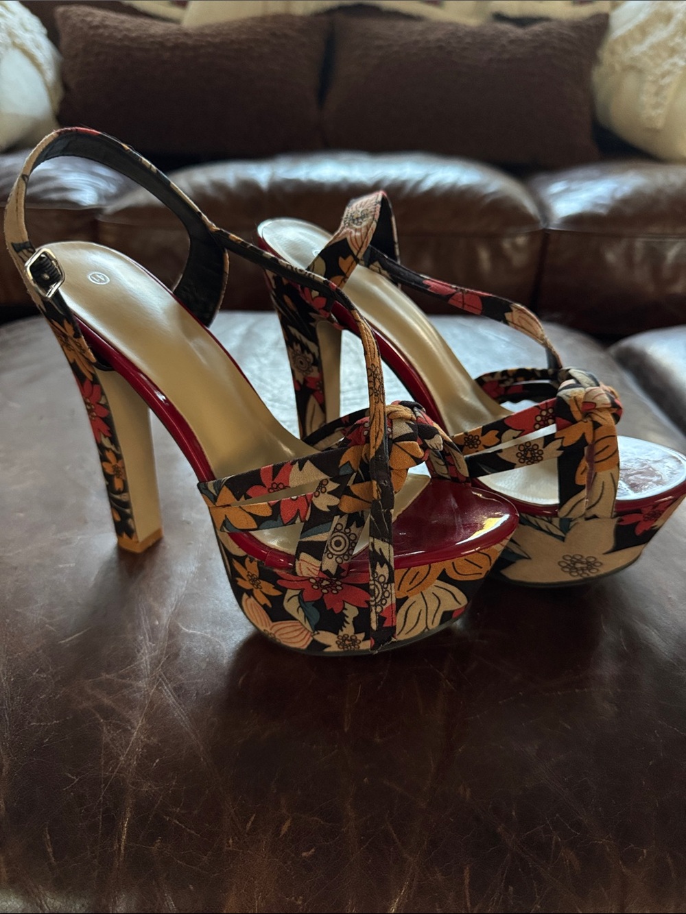 Floral Print Platform Slingback Heels - Red